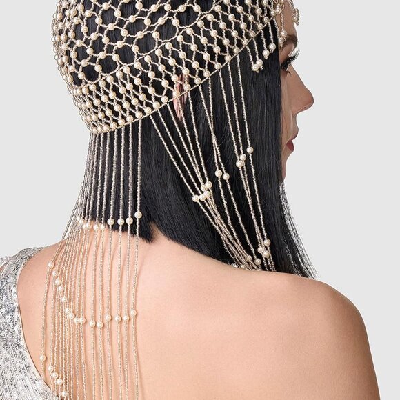 1920s Pearl Flapper Cap Headpiece Roaring 20s Gatsby Pearl Head Chain Rose Gold - Picture 3 of 4